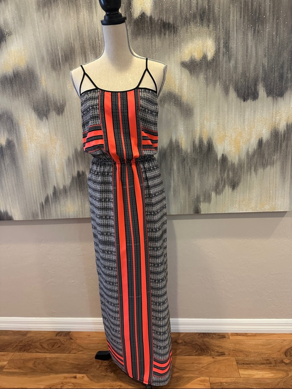 Spaghetti Strap Maxi Dress in Black and Coral Stripe